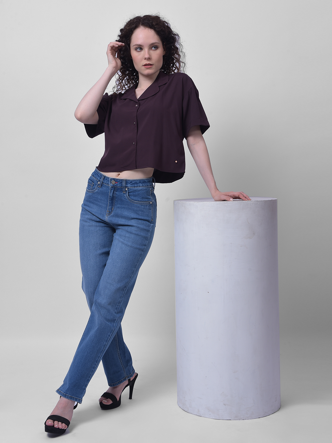 Numero Uno Women Purple Notch Collar Cropped Shirt